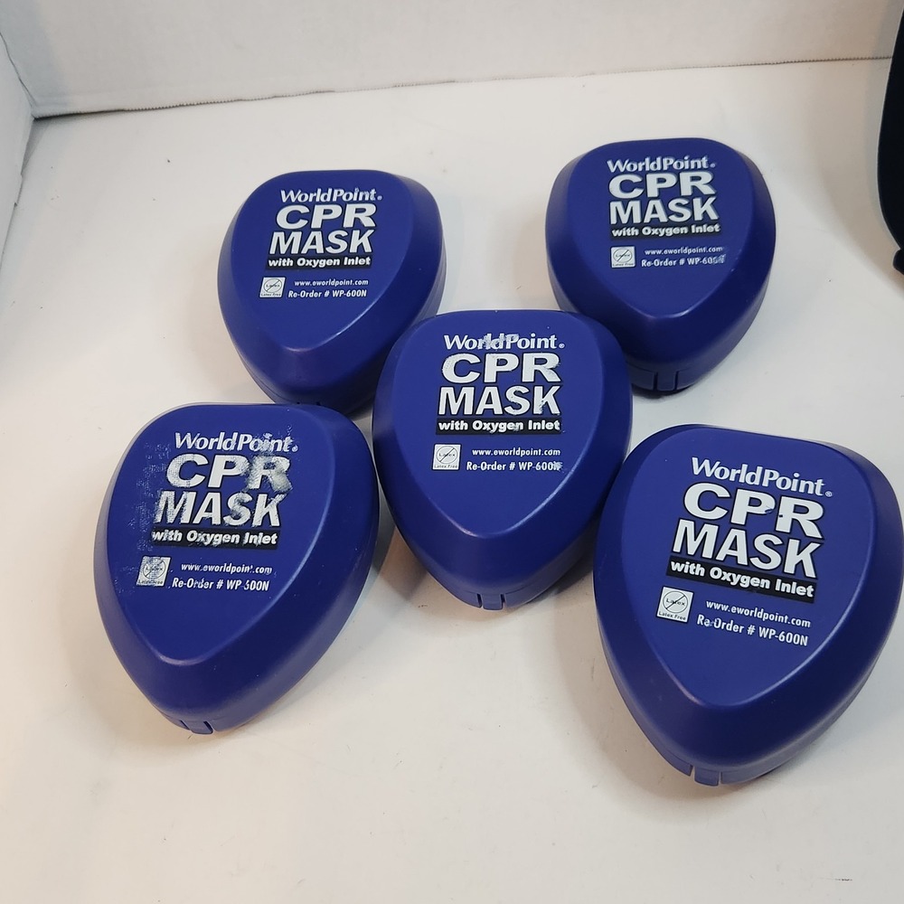 Lot Of 5 World Point CPR MaskS With Oxygen Inlet 2 Unused 3 Used WP-600N Cases